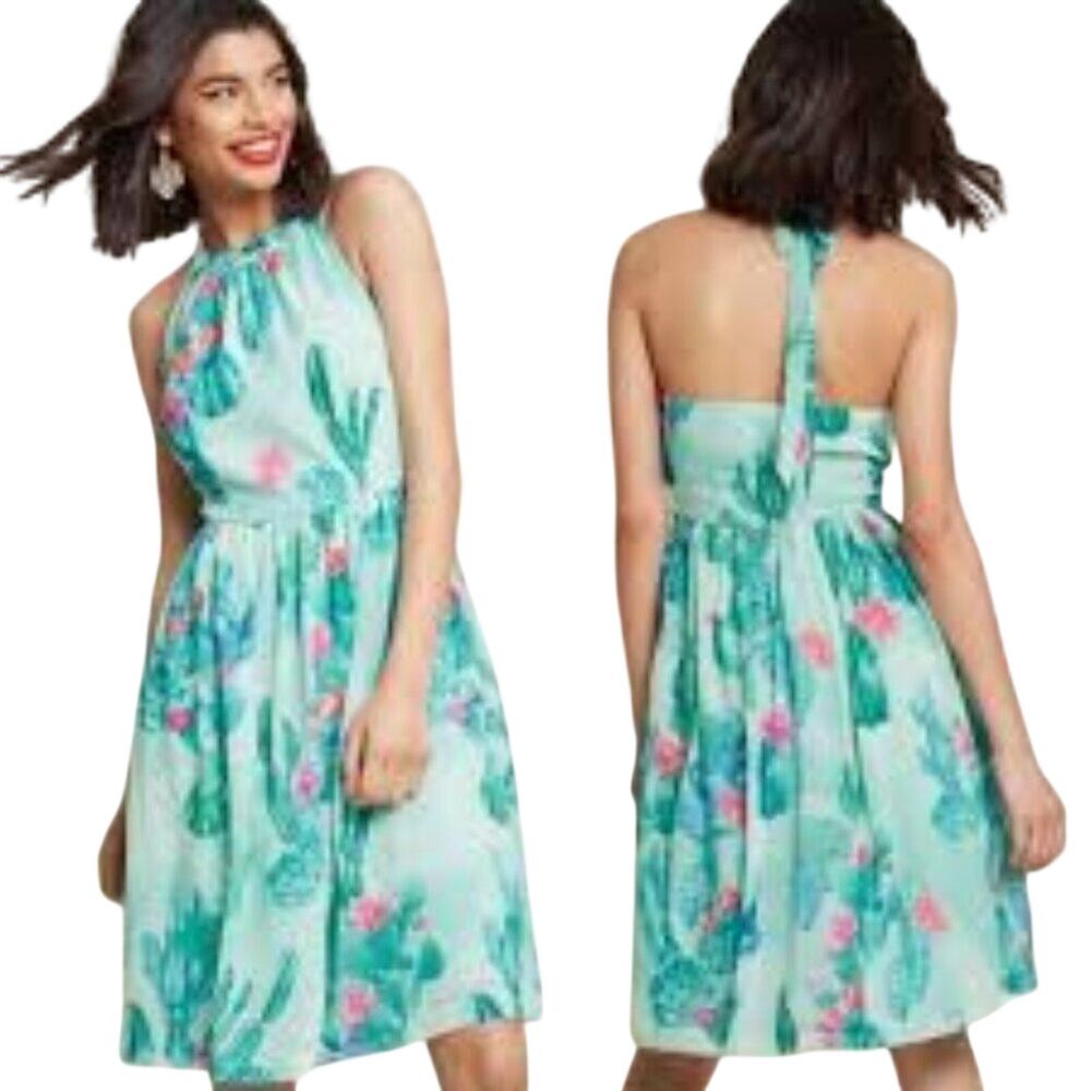 Modcloth Blogger The Better Aqua Halter Cactus Floral Pinup Dress Boho Retro